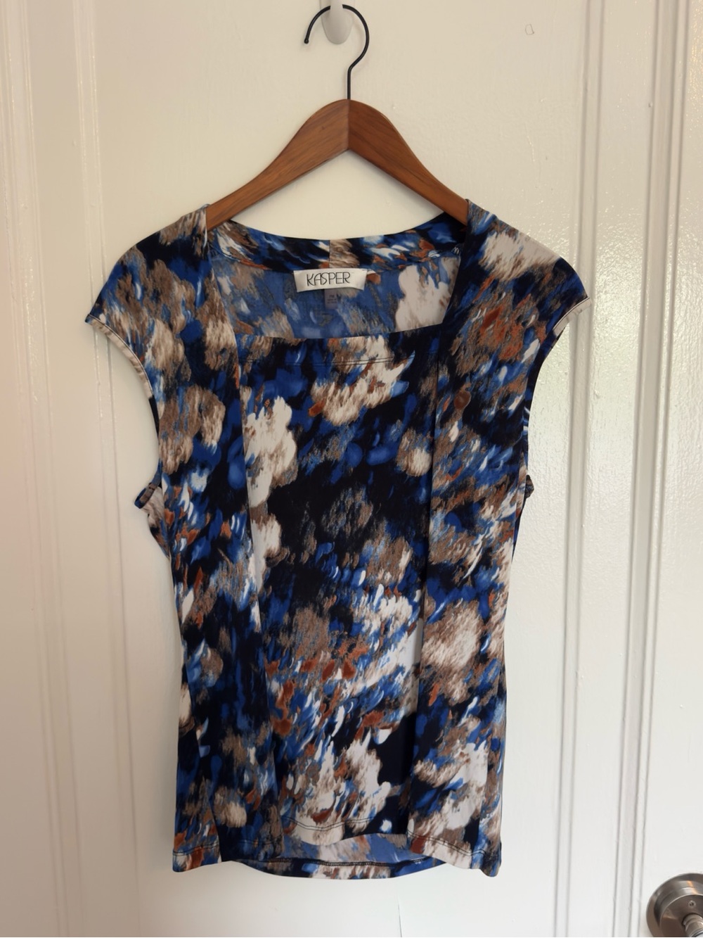 Kasper Blue White Brown Multi-Print Cap Sleeve Top